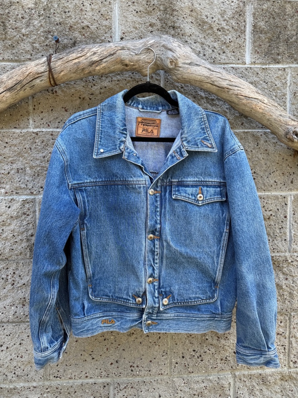 Fila Denim Jacket | Cropped Boxy Fit | Y2K Medium Wash Jean Jacket
